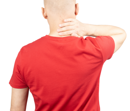 A man wearing a red T-shirt is shown from the back, holding his neck with one hand, indicating discomfort or pain. His posture suggests muscle tension, stiffness, or conditions like fibromyalgia. The 