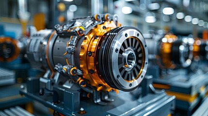 Obraz premium Close-up of a sophisticated electric vehicle motor on an assembly line.