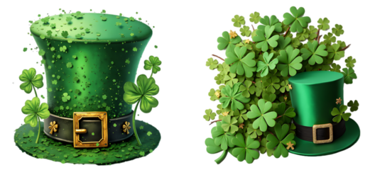 Green Irish Hats Surrounded by Shamrocks Symbolizing St. Patrick's Day isolated on a white background