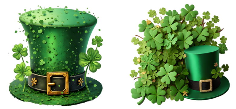 Green Irish Hats Surrounded by Shamrocks Symbolizing St. Patrick's Day isolated on a white background