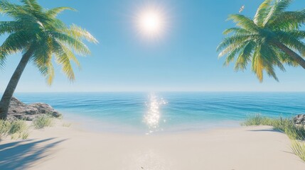 Tranquil Tropical Beach with Palm Trees and Clear Blue Sky