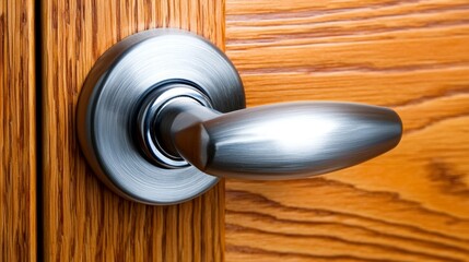 Fototapeta premium Modern Stainless Steel Door Handle on White Wooden Door Leading to Room with Bright Sunlight and Hardwood Flooring