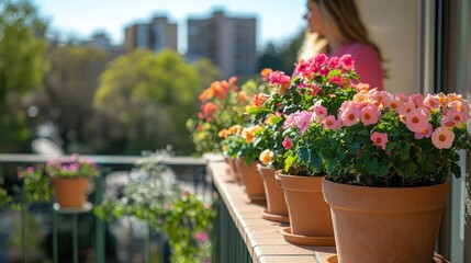 Colorful flowers in terracotta pots on a sunny balcony.