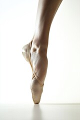 A woman's foot is shown in a ballet shoe