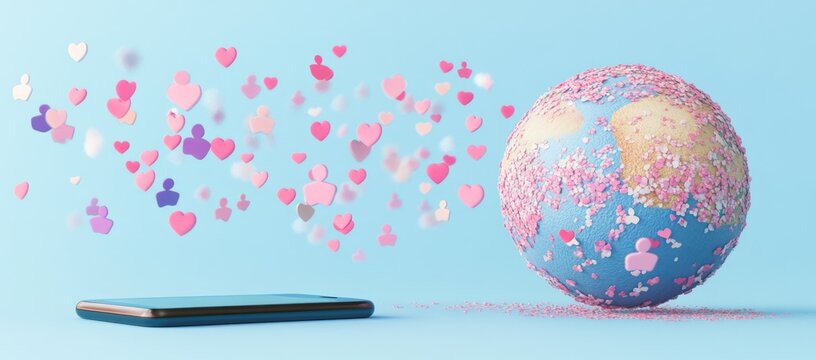 Global love connection, hearts and people icons from phone to earth.