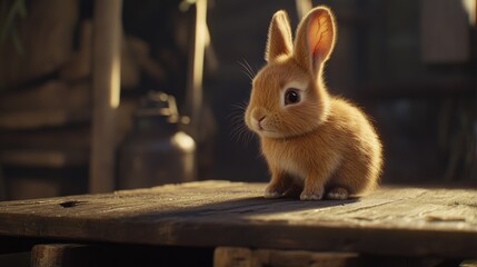 Fototapeta premium Adorable Fluffy Rabbit Sitting on Wooden Table in Soft Light