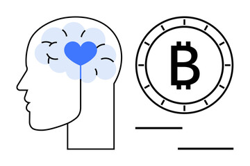 Human head with brain featuring a heart next to Bitcoin symbol emphasizing emotional and financial balance. Ideal for finance, mental health, cryptocurrency, decision-making, psychology, investment