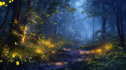 Enchanted Forest at Night with Fireflies