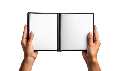 A person is holding a book open to a blank page