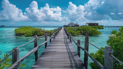 Obraz premium Wooden Walkway Leading to a Tropical Island Paradise