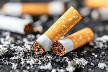 Urban Pollution Menace - Close-up of Chaotic Arrangement of Discarded Cigarette Butts on Ash-Covered Ground