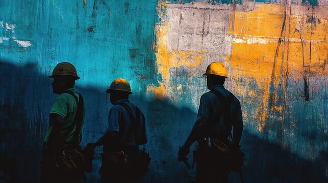 Silhouetted workers against a colorful wall.