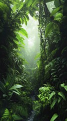 Lush Green Tropical Jungle Canopy With Stream