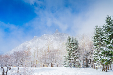 Winter snowy landscape Volcanic scenery of Showa-shinsan in Hokkaido,Japan, Travel.