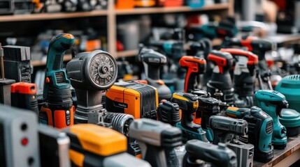 Fototapeta premium Diverse Collection of Power Tools Displayed on Workshop Shelves
