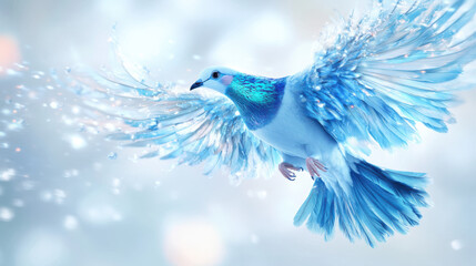 Fototapeta premium A fantastical depiction of a radiant blue and silver dove, elegant and majestic, with iridescent feathers reflecting soft cyan and teal shades