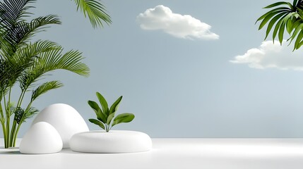 Serene Minimalist Landscape with Green Plants and Smooth Stones