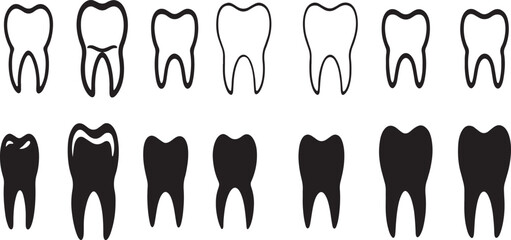 Human tooth icon silhouette and line art vector illustration with white background. Dentist concept. Modern, minimalist Icon