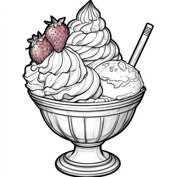 recommend clip art: Ice cream sundae with strawberries and whipped cream in a glass bowl.