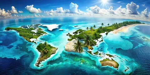 Aerial double exposure: Bahamas' vibrant islands merge with breathtaking tropical paradise views.