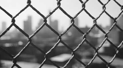 Fototapeta premium Black and White Urban Landscape Behind Chain Link Fence