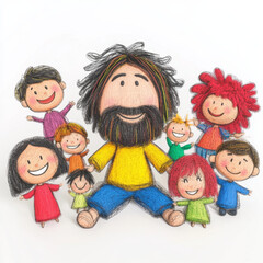 Colorful illustration of joyful man surrounded by happy children, showcasing friendship and community spirit. vibrant characters express warmth and togetherness