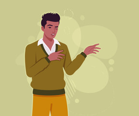 Handsome dark skin young businessman confident explain pose. Guy in sweater modern casual look, authentic pakistani indian male model. Vector flat style cartoon illustration, creative background color