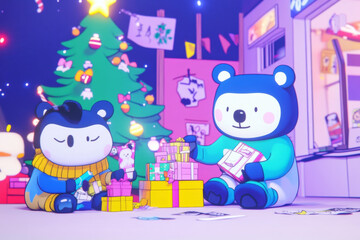 Fototapeta premium heartwarming 3D render of bear family joyfully unwrapping gifts under colorful Christmas tree, surrounded by festive decorations and playful atmosphere