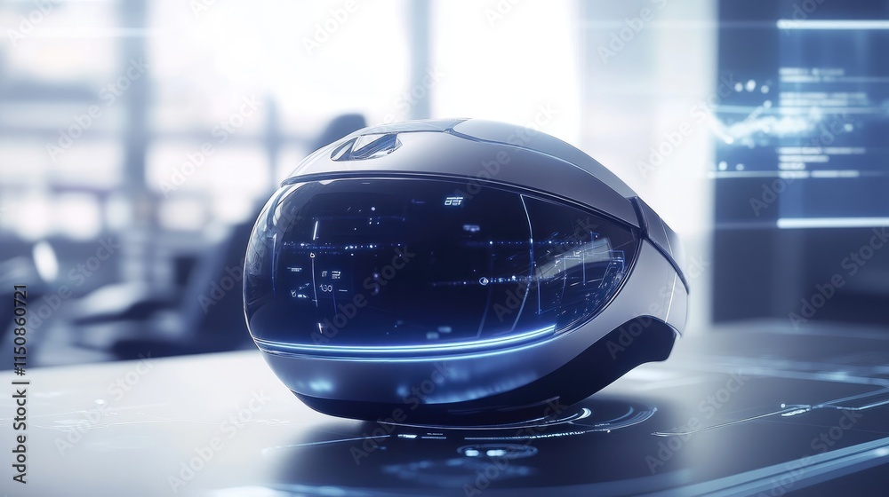 Poster futuristic technology helmet with digital interface and data display
