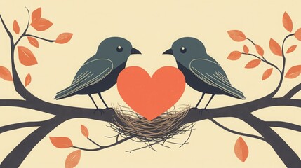 Fototapeta premium Two birds share a heart in a nest on a branch.