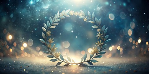 A shimmering laurel wreath with golden flowers rests on a sparkling surface, bathed in a soft, ethereal glow.