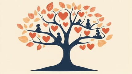Fototapeta premium Family tree illustration with hearts and silhouettes of people. Warm colors.
