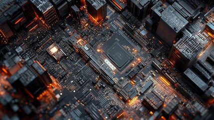 Futuristic illuminated circuit board with central processor.