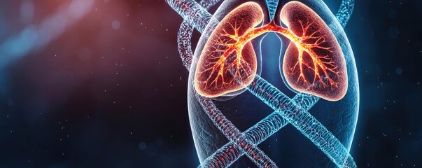 Asthma disease idea. An artistic representation of human lungs intertwined with DNA strands, showcasing anatomy.