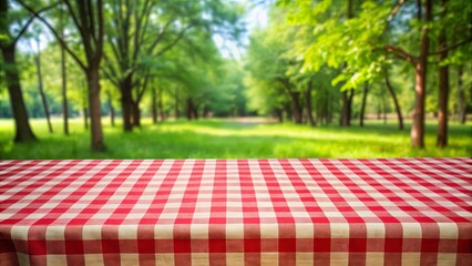 Red and white checkered tablecloth on empty table outdoors in a park