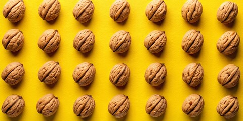 Obraz premium A vibrant pattern of shelled walnuts arranged on a bright yellow background