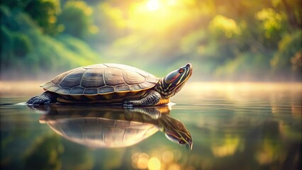 Obraz premium Serene Turtle in Golden Hour Sunlight on Calm Water