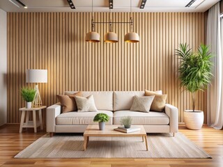 Beige living room, slatted wood accent wall mockup. Perfect for showcasing art or décor in a bright, airy space.