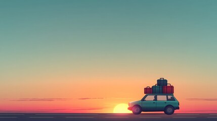 A teal station wagon, loaded with luggage, drives into the sunset. Road trip vibes!