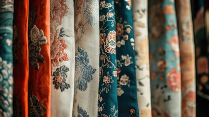 Colorful Textile Patterns on Silk Fabric Displayed Elegantly