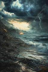 Damage from tsunamis, catastrophic events The sky was filled with black clouds and lightning..