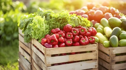 Freshly harvested vegetables stacked in a rustic wooden crate.