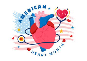 February is American Heart Month Vector Illustration Featuring a USA Flag and Red Heart Symbol for Health Awareness in a Flat Style Cartoon Background