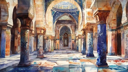 Sunlit interior of ancient mosque with intricate columns and arches.