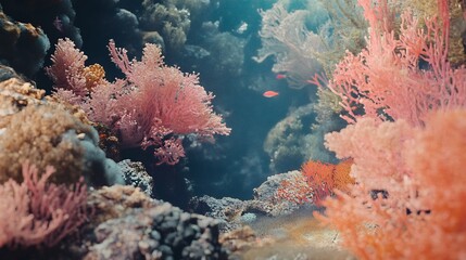 Vibrant coral reef scene underwater with diverse coral formations and a small fish.