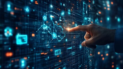 A hand interacting with a futuristic digital interface displaying complex data visualizations and network connections.