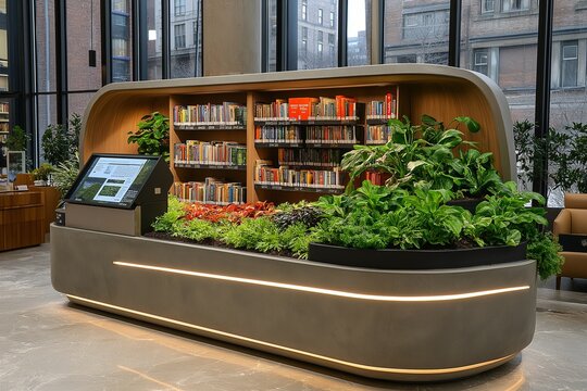 A modern library space features a unique planting guide integrated with vibrant greenery, creating a serene environment for reading and learning amidst shelves of books.