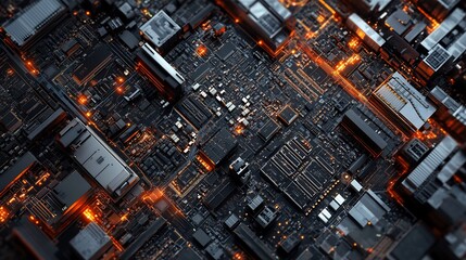 Abstract close-up of a complex circuit board with glowing orange components.