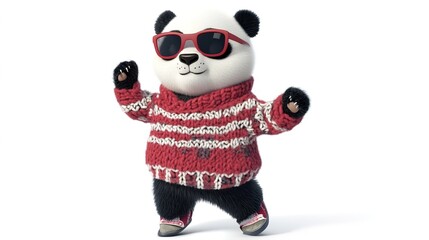 Cool and Cute Panda Dancing in Winter Cotton Clothes and Sunglasses, Featuring a Fun and Stylish Character Design on a White Background