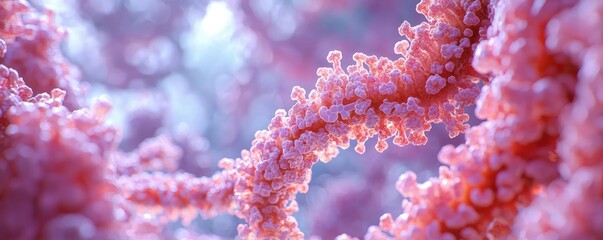 Asthma disease idea. Abstract microscopic view of coral structures with vibrant pink hues and intricate details.